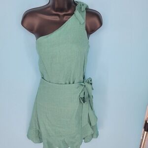 NWT Hallelu One Shoulder Mini Dress Women Medium Forestbrook Green Linen Blend